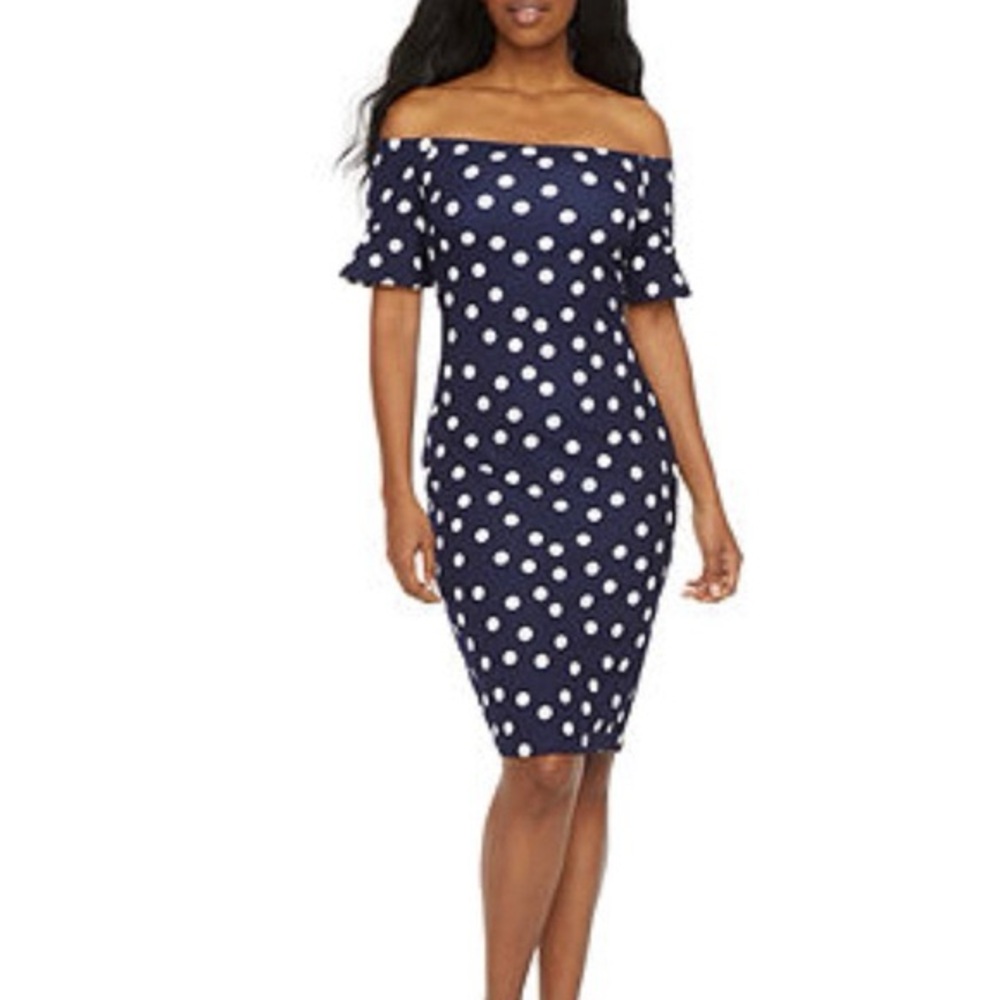 Off-Shoulder Navy Polka Dot Midi Dress